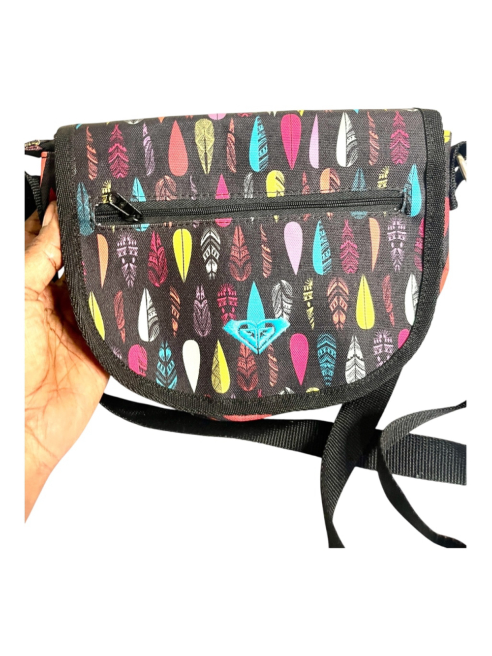 Roxy Y2k Black Messenger Bag with a vibrant, multi-colored feather pattern